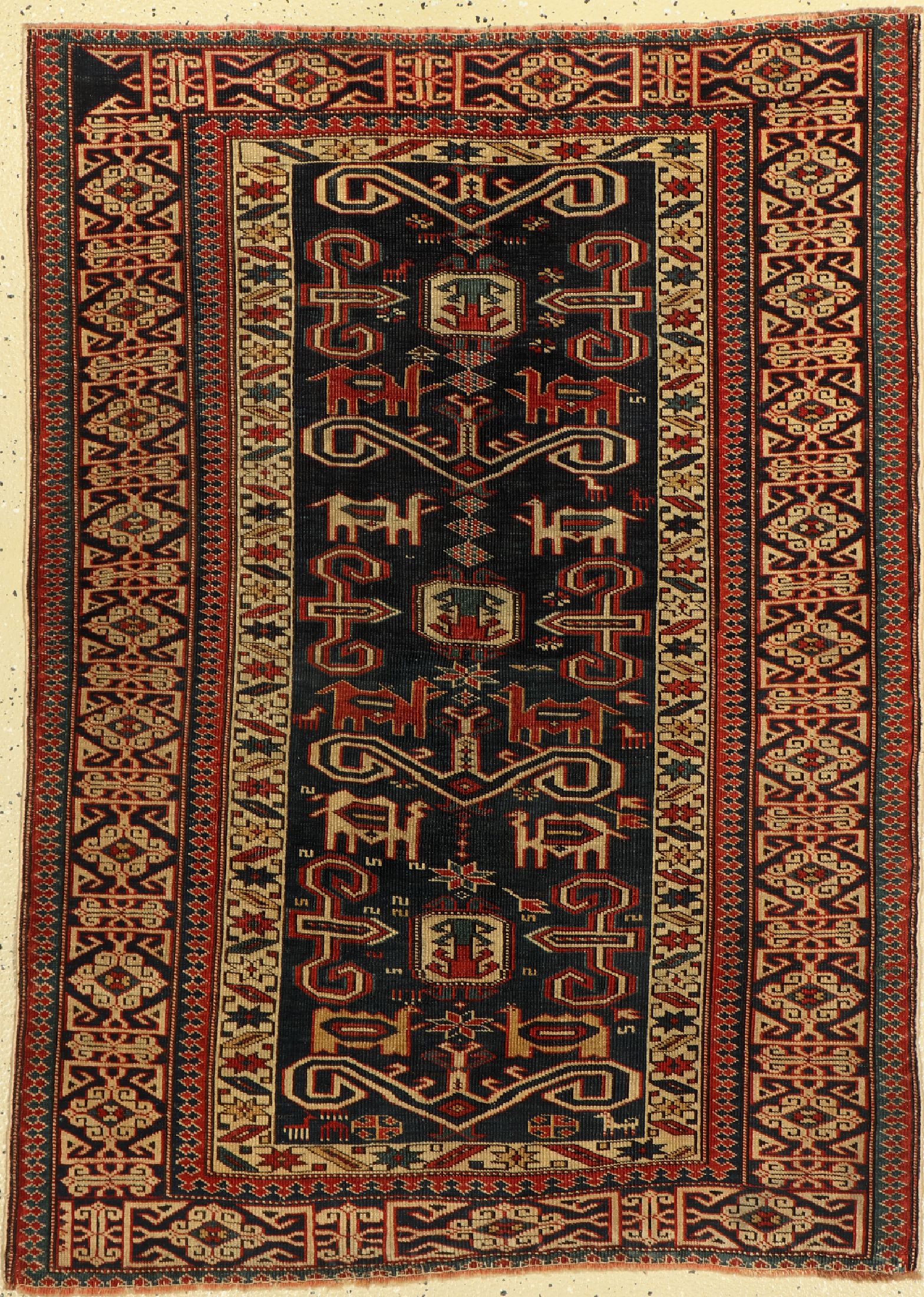 Antiker Blattgabel Schirwan, Kaukasus, 19.Jhd, Wolle auf Wolle, ca. 125 x 90 cm, EHZ:(Guter Zustand)