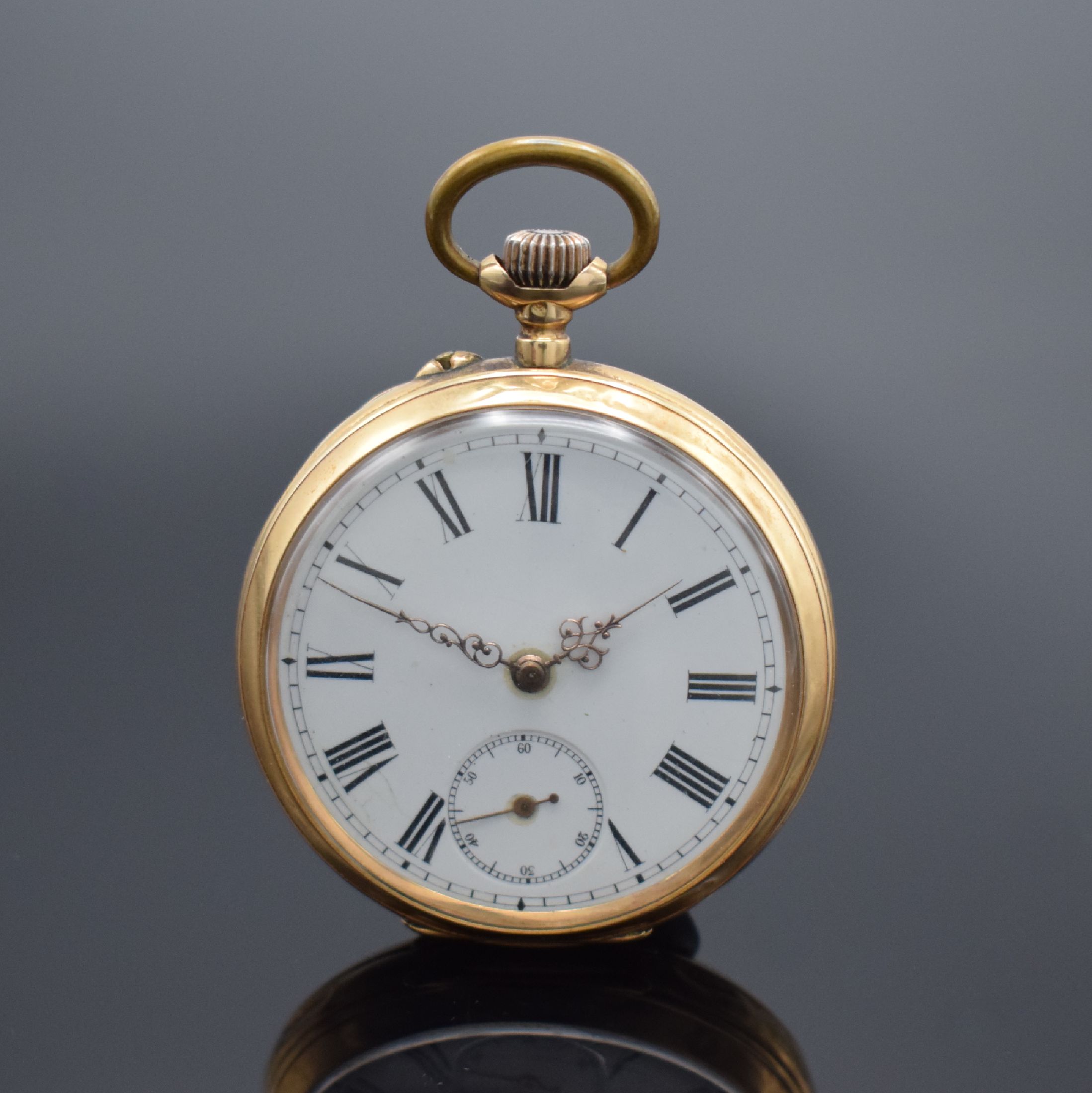 Offene Herrentaschenuhr in GG 585/000, Schweiz um 1900, Geh. dell., Rückdeckel m. Monogrammspiegel, Metallcuvette, Emailzifferbl. m. röm. Zahlen ...