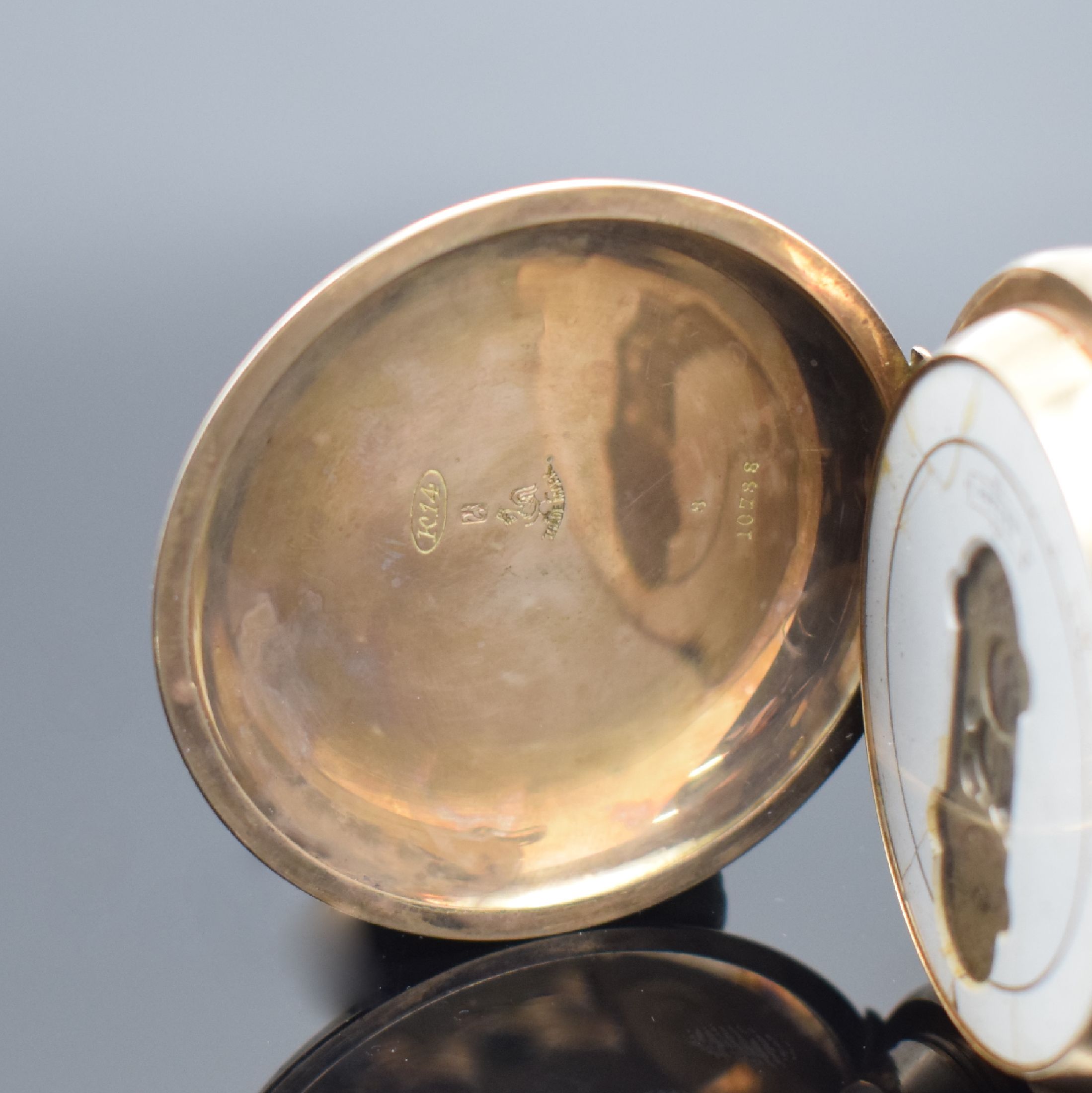 Detail a: PALLWEBER / A & L Patent seltene Herrensavonette mit digitaler Anzeige in RG 585/000, Schweiz um 1890, 3 Deckel Goldgeh. dell., guill. Sprung- & ...