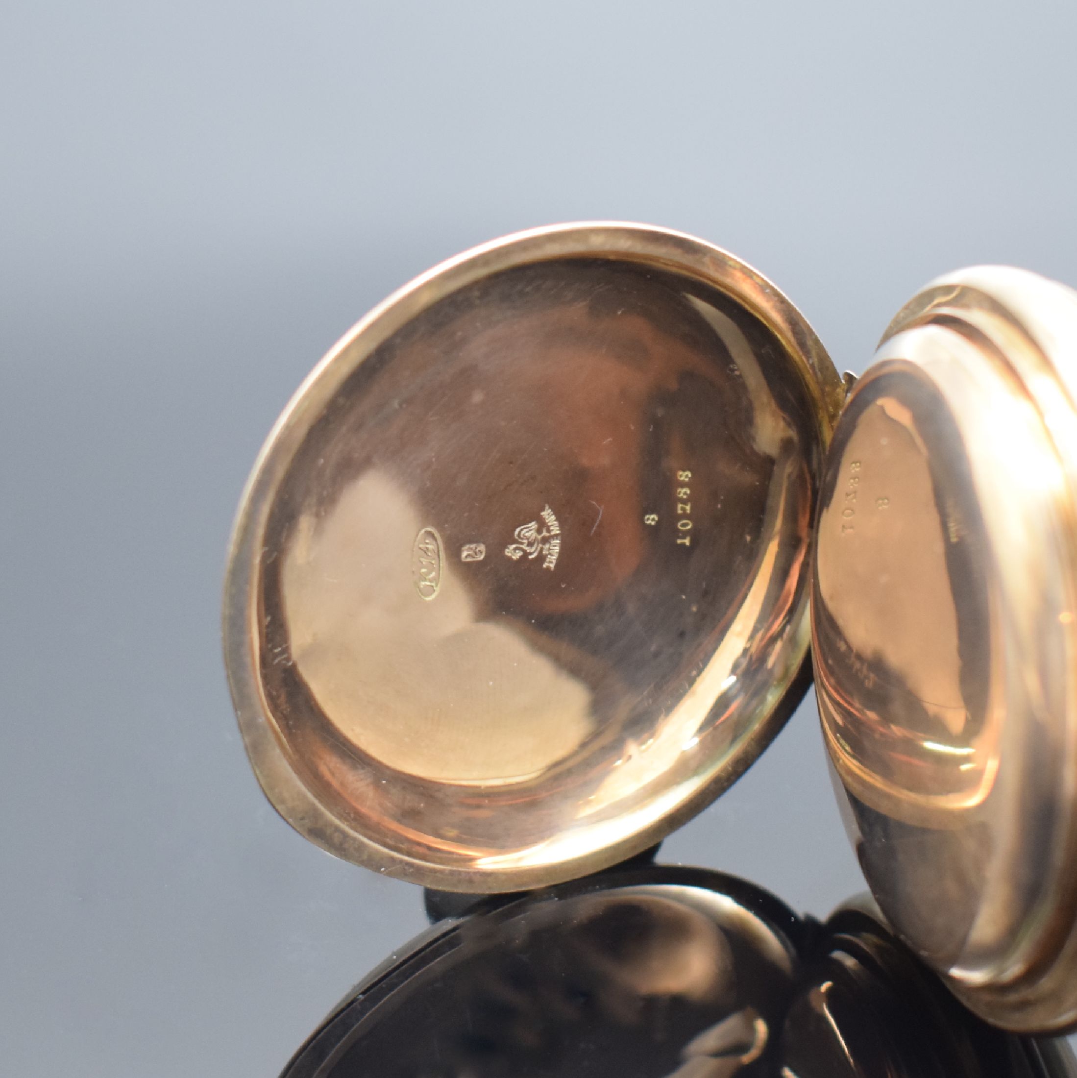 Detail d: PALLWEBER / A & L Patent seltene Herrensavonette mit digitaler Anzeige in RG 585/000, Schweiz um 1890, 3 Deckel Goldgeh. dell., guill. Sprung- & ...