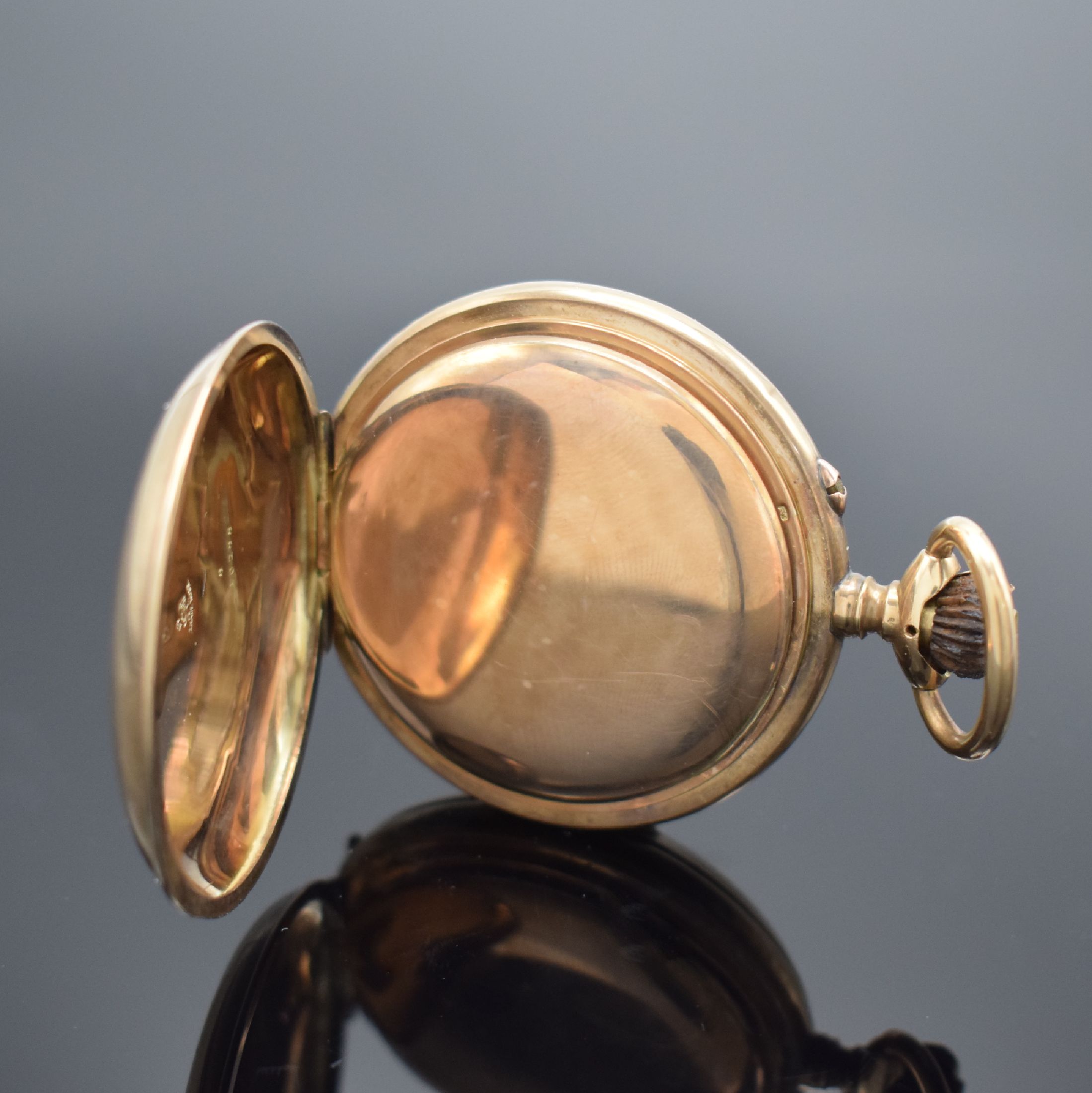 Detail e: PALLWEBER / A & L Patent seltene Herrensavonette mit digitaler Anzeige in RG 585/000, Schweiz um 1890, 3 Deckel Goldgeh. dell., guill. Sprung- & ...