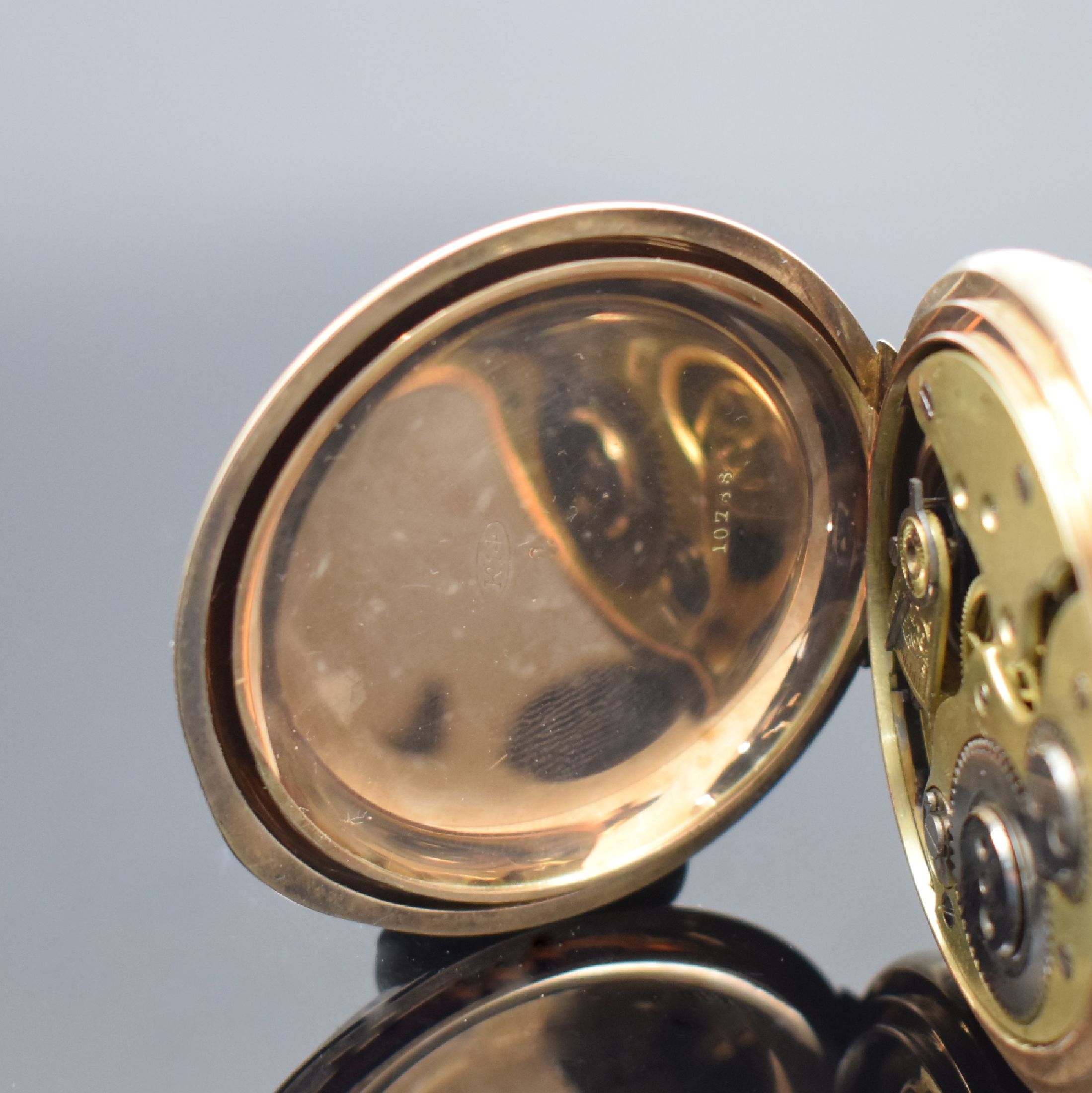 Detail f: PALLWEBER / A & L Patent seltene Herrensavonette mit digitaler Anzeige in RG 585/000, Schweiz um 1890, 3 Deckel Goldgeh. dell., guill. Sprung- & ...