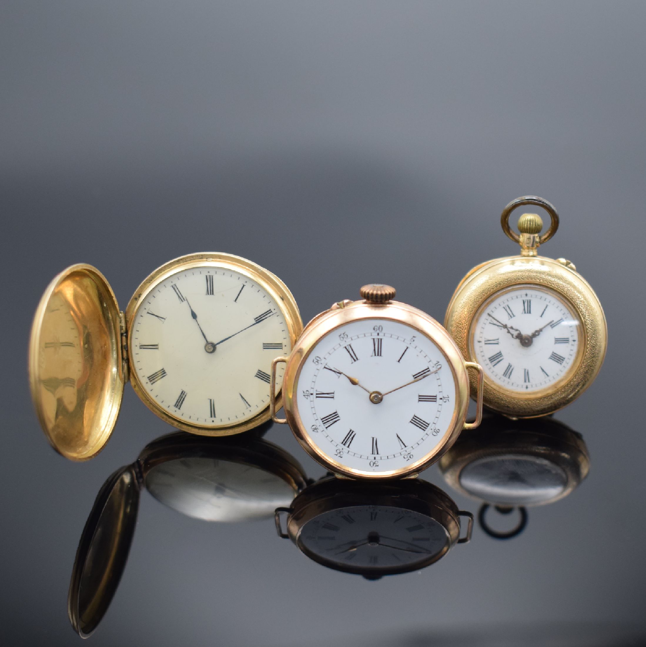 Konvolut: 3 Taschenuhren in GG 585/000, Schweiz 1860 bis 1900, alle Zylinderwerke, 1 x Schlüsselaufzug, J.F. Boutte / H. Moser & Cie., 3-Deckel ...