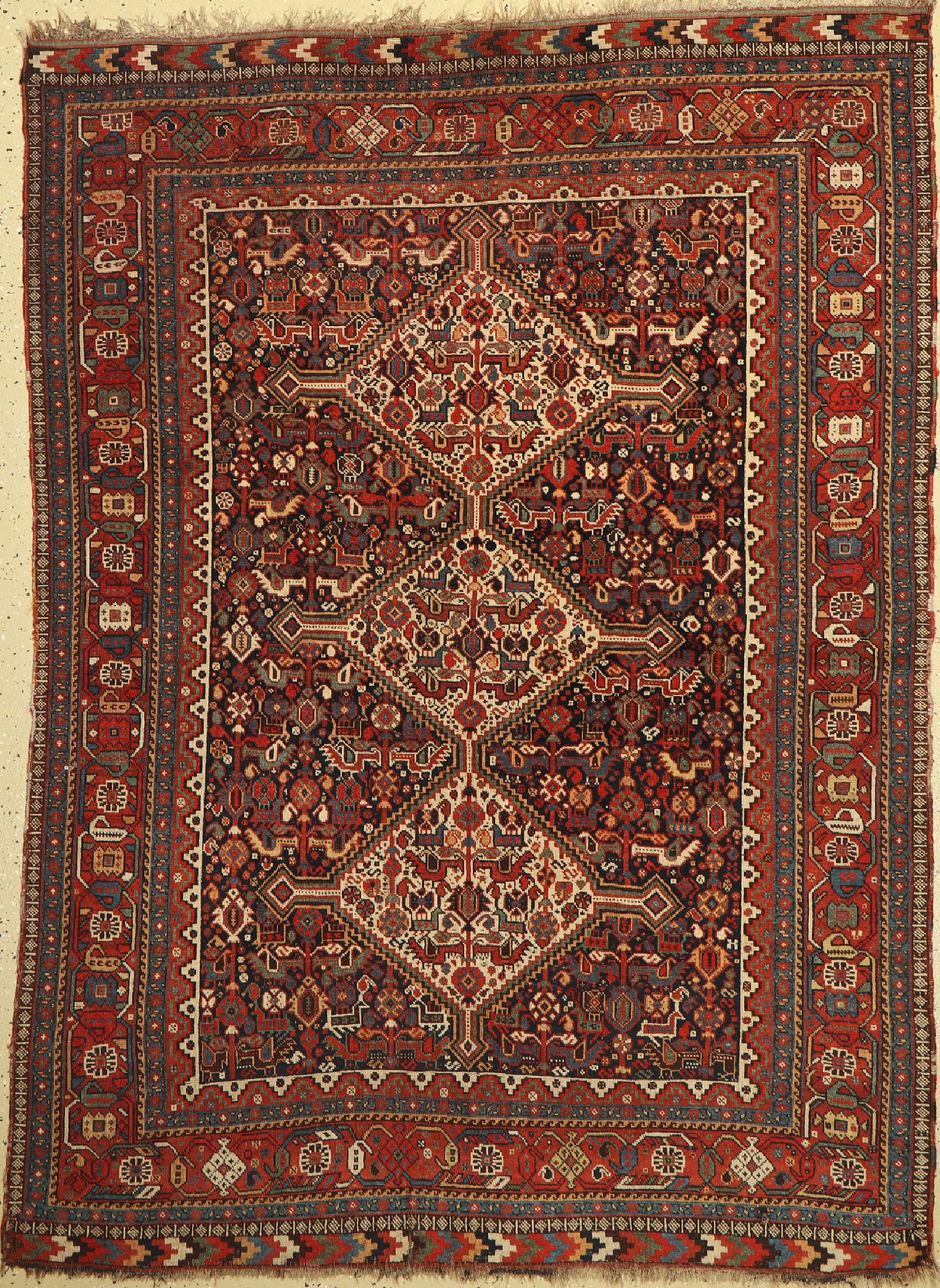 Antiker Khamseh, Persien, um 1900, Wolle auf Wolle, ca. 200 x 145 cm, EHZ:(gleichmäßig dünn)
