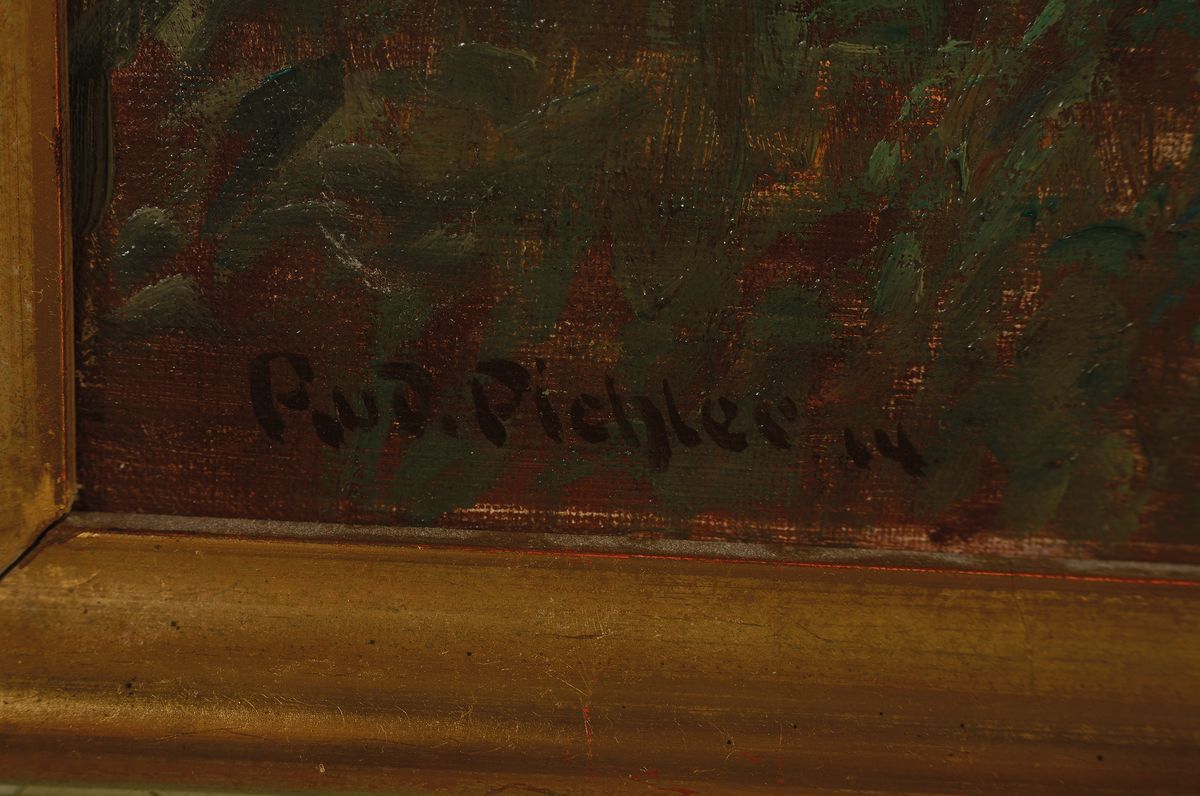 Detail a: Rudolf Pichler, um 1963 - 1931, impressionistisches Waldinterieur, zentraler Blick auf einen abendlich verfärbten Himmel, links unten signiert und ...