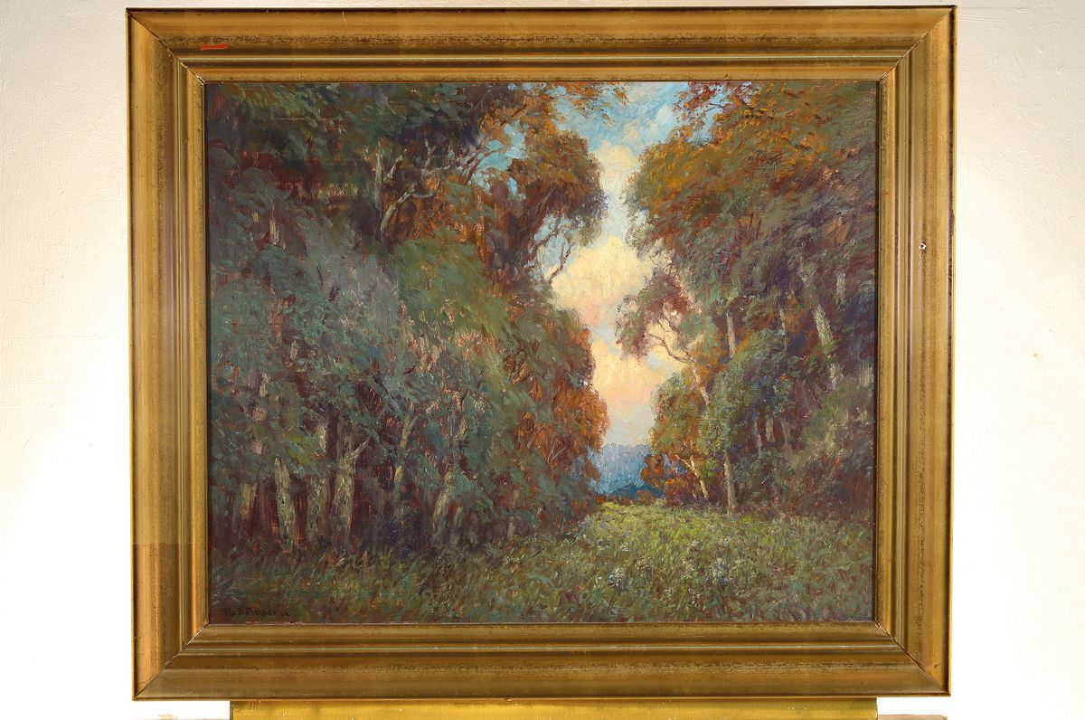 Detail k: Rudolf Pichler, um 1963 - 1931, impressionistisches Waldinterieur, zentraler Blick auf einen abendlich verfärbten Himmel, links unten signiert und ...