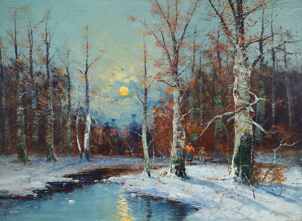 F. Klausen, Mitte 20.Jh., winterliche Mondscheinlandschaft, signiert, Öl/Lwd, Rahmen 85x114 cm