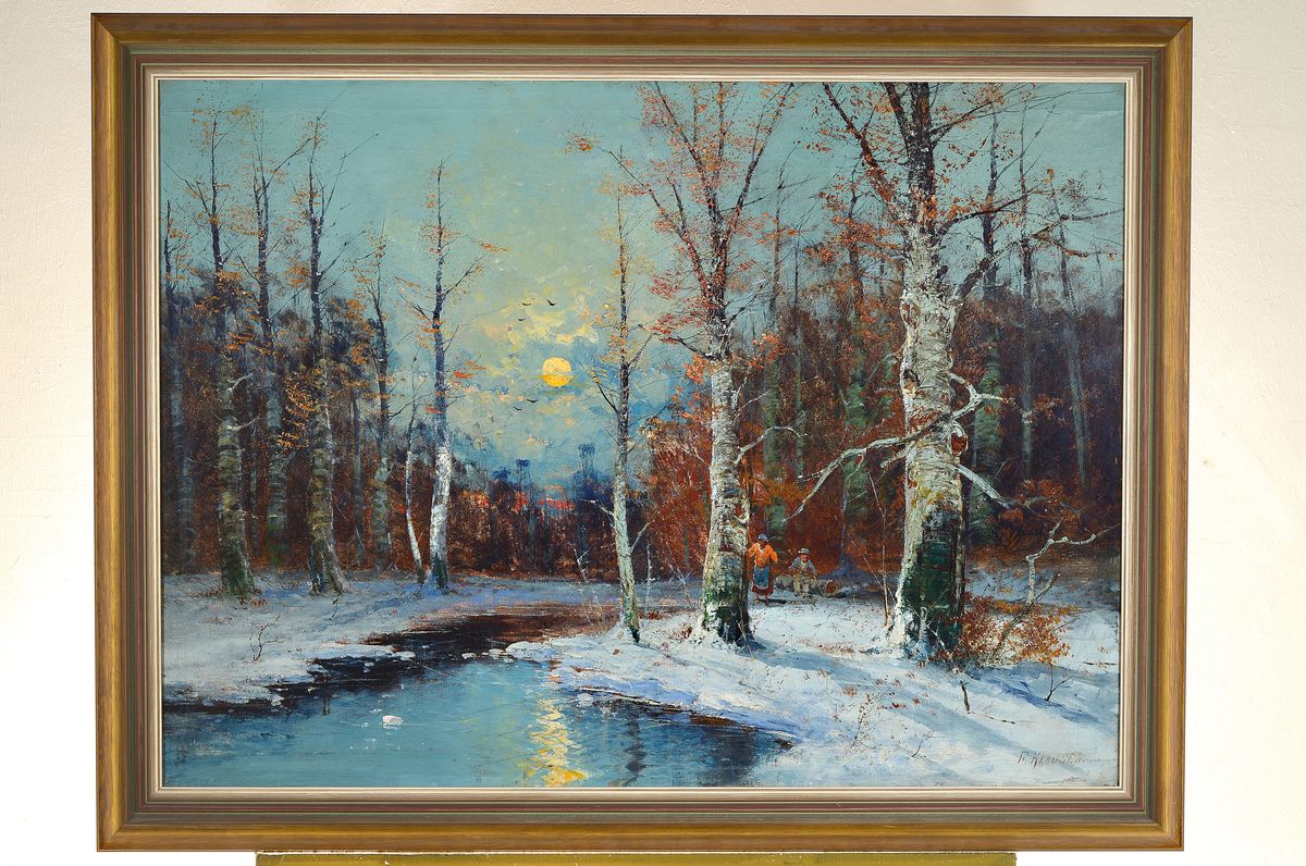 Detail k: F. Klausen, Mitte 20.Jh., winterliche Mondscheinlandschaft, signiert, Öl/Lwd, Rahmen 85x114 cm