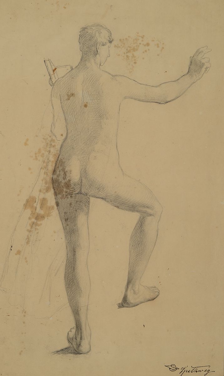 Carl Spitzweg, 1808 - 1885 München, Bleistiftzeichnung auf Papier, stehender männlicher Rückenakt in expliziter Pose, verso skizzenhafter ...