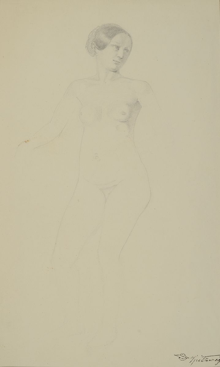 Carl Spitzweg, 1808-1885 München, Bleistiftzeichnung auf Papier, stehender weiblicher Akt (Torso), rechts unten Nachlassstempel und bez. N27 L (drei ...
