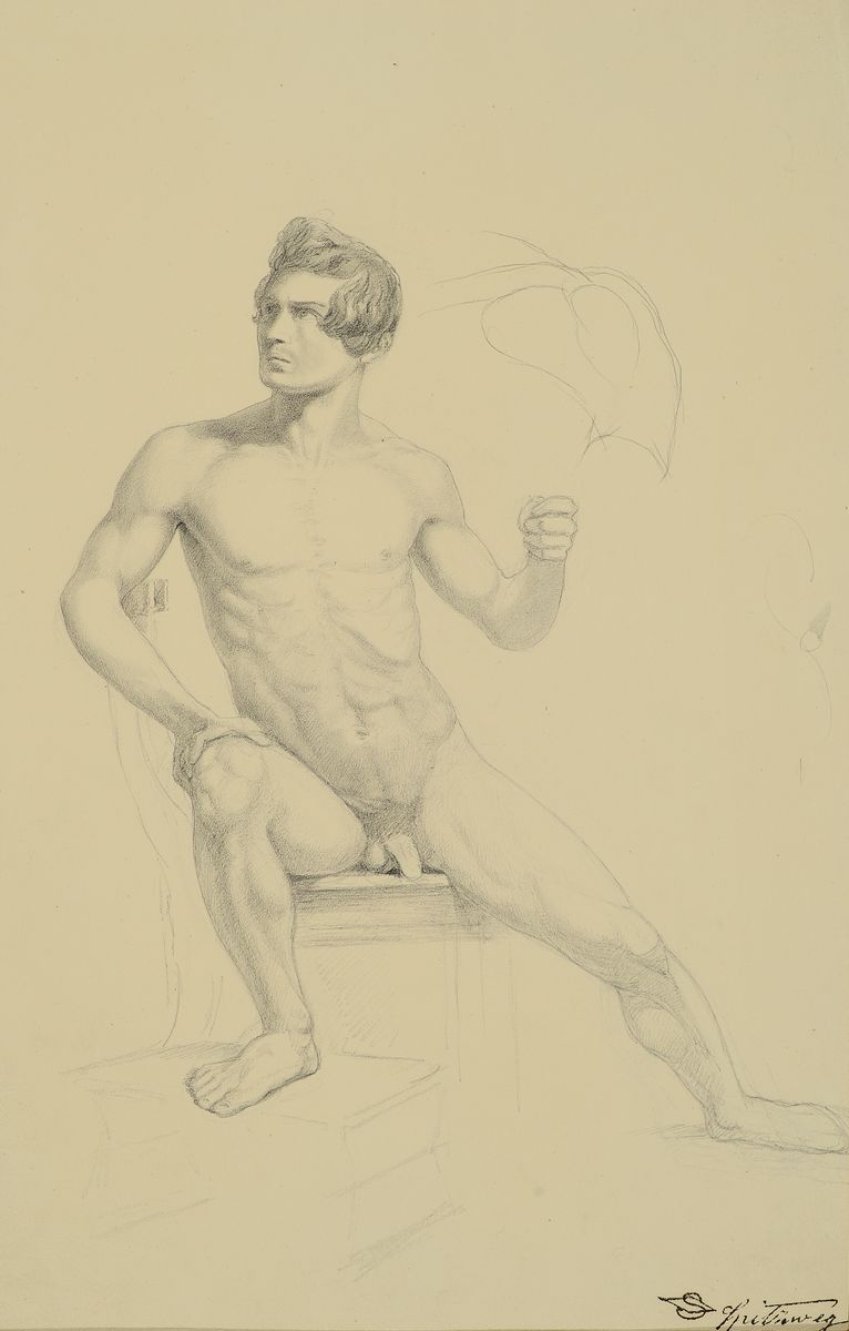 Carl Spitzweg, 1808-1885 München, Bleistiftzeichnung auf Papier, sitzender männlicher Akt in heroisierender Pose, rechts unten Nachlassstempel und ...