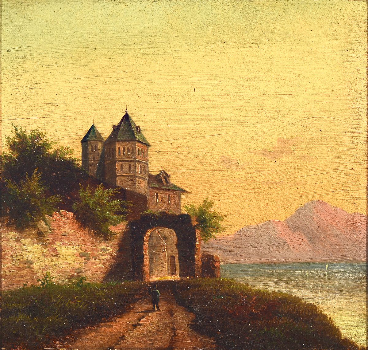 Unbekannter Künstler, wohl Frankreich, 2. Hälfte 19. Jh., Schloß am Seeufer, Öl/ Holz, rechts unten unleserlich signiert, ca. 30x31.5cm, R. ca. ...