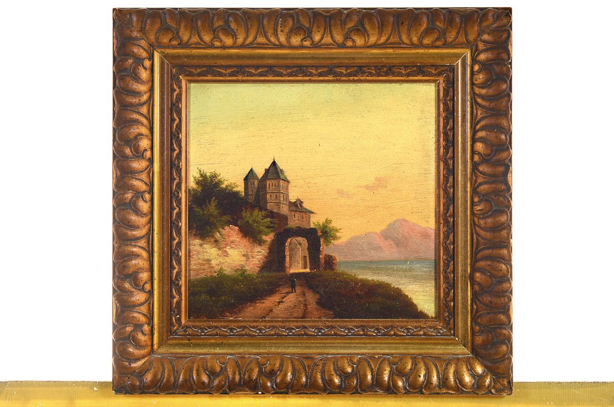 Detail k: Unbekannter Künstler, wohl Frankreich, 2. Hälfte 19. Jh., Schloß am Seeufer, Öl/ Holz, rechts unten unleserlich signiert, ca. 30x31.5cm, R. ca. ...
