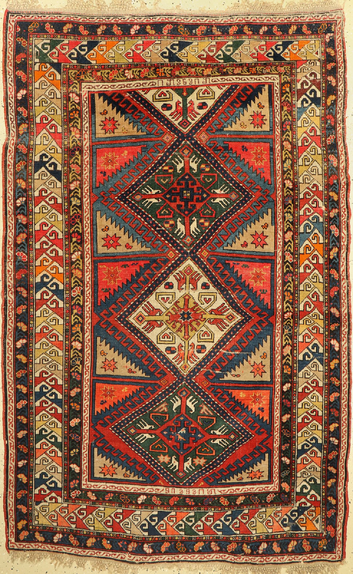 Antiker Kazak, Kaukasus, um 1900, Wolle aufWolle, ca. 210 x 133 cm, EHZ:(Alters-und Gebrauchsspuren)