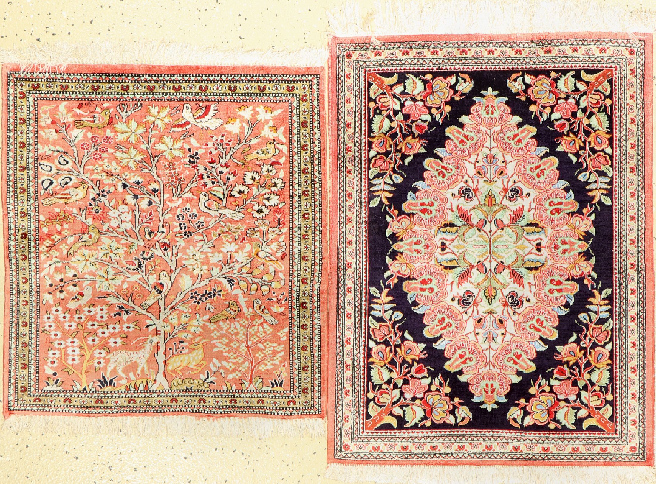 2 Lots Ghom Seide, Persien, ca. 60 Jahre, reine Naturseide, ca. 78 x 60 cm, EHZ: 1-2