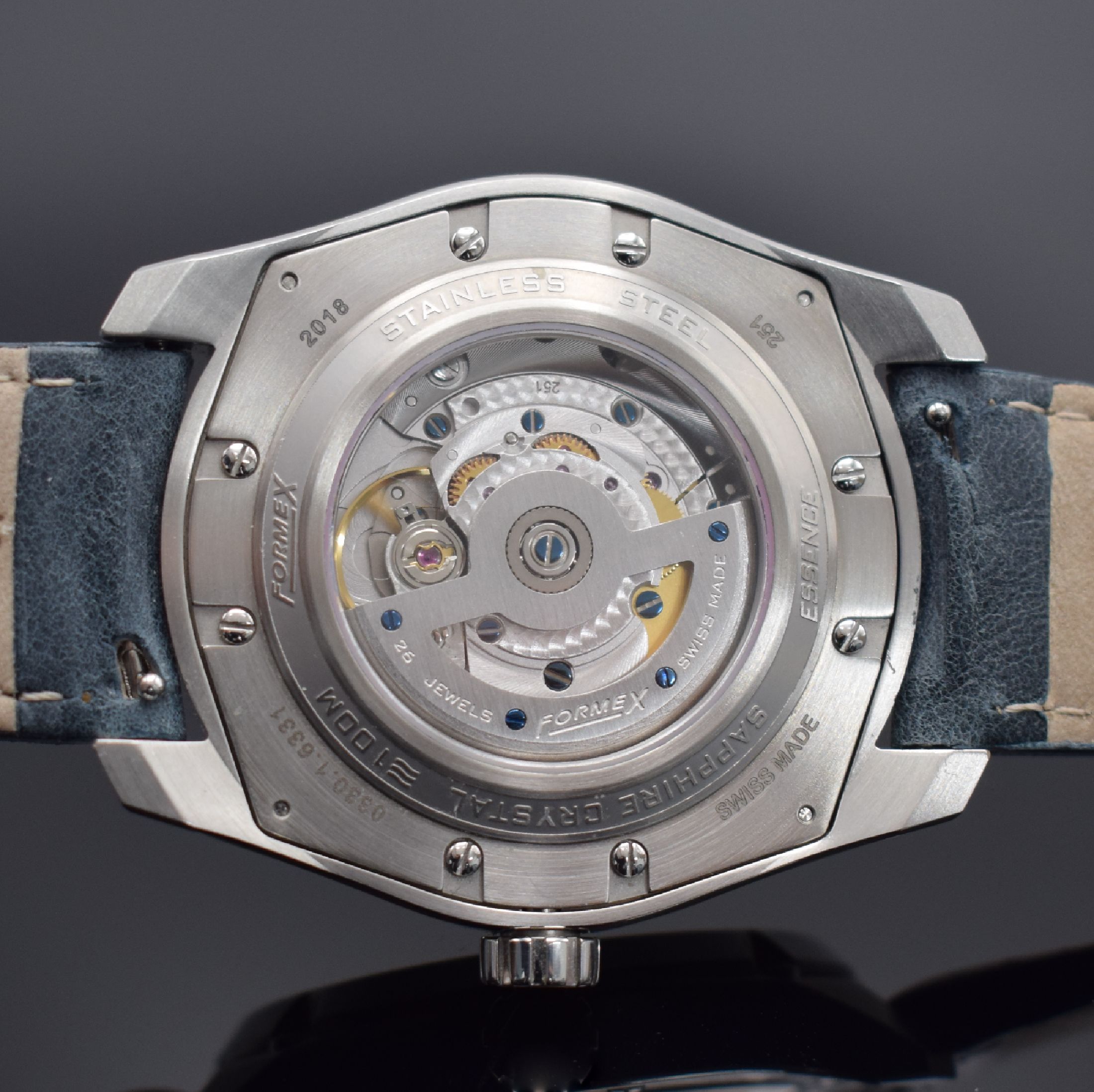 Detail e: FORMEX Essence Chronometer Herrenarmbanduhr, Schweiz um 2021, Automatik, Ref. 0330.1.6331, großes beids. vergl. Edelstahlgeh., Boden 8- fach ...