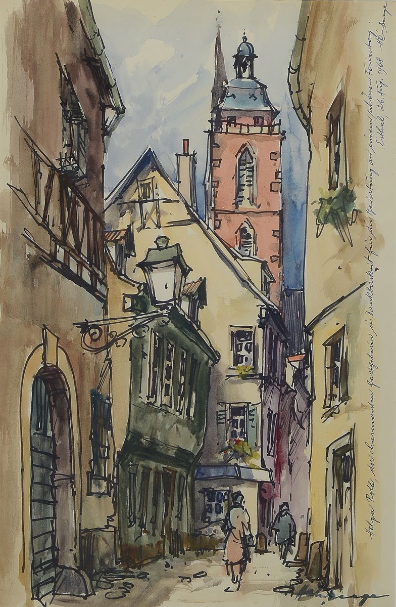 Heiner Deege, 1920-2007 Haßloch, Ansicht aus Neustadt an der Weinstraße, Tusche und Aquarell, signiert und mit handschriftlicher Widmung von 1968, ...