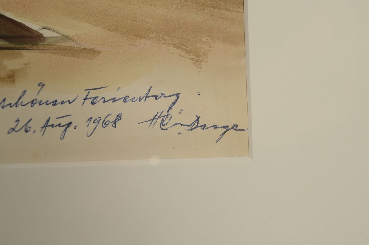 Detail a: Heiner Deege, 1920-2007 Haßloch, Ansicht aus Neustadt an der Weinstraße, Tusche und Aquarell, signiert und mit handschriftlicher Widmung von 1968, ...