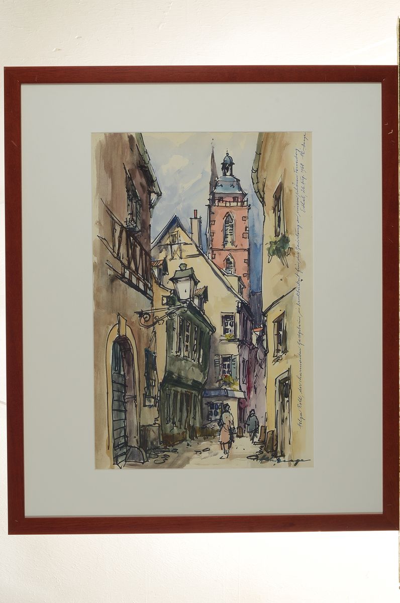 Detail k: Heiner Deege, 1920-2007 Haßloch, Ansicht aus Neustadt an der Weinstraße, Tusche und Aquarell, signiert und mit handschriftlicher Widmung von 1968, ...