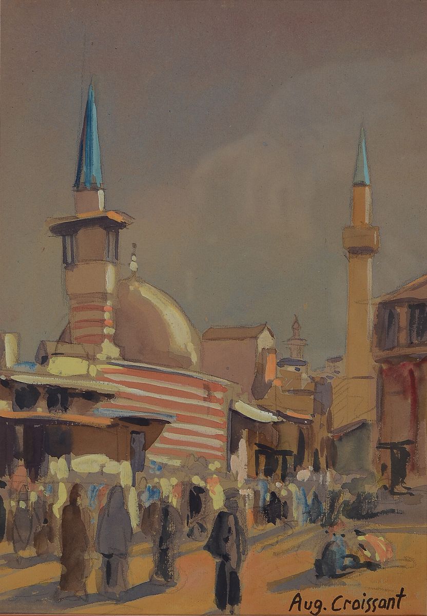 August Croissant, 1870 Edenkoben-1941 Landau, Ansicht aus dem vorderen Orient, Gouache auf Papier, rechts unten signiert, ca. 27x19cm, PP, u.Gl., R. ...