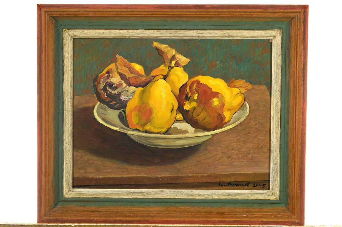 Detail k: Werner Brand, 1933 Löbau-2021 Hochstadt, Stillleben mit Quitten, Öl/Hartfaser, rechts unten signiert und dat. 2005, ca. 26x34cm, R. ca. 35x43cm