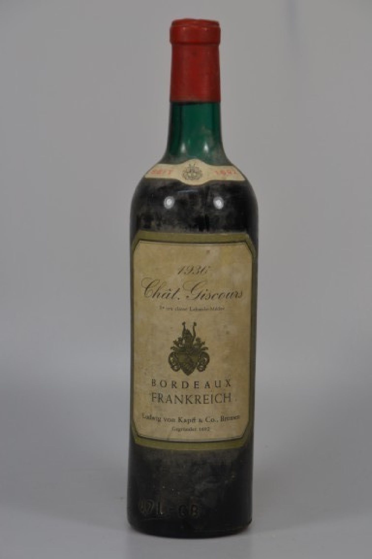 1 Flasche 1936 Chateau Giscours, Labarde -Medoc, Vertrieb Ludwig von Kapff & Co. Bremen, 750ml, Upper Mid Shoulder, beschmutzt
