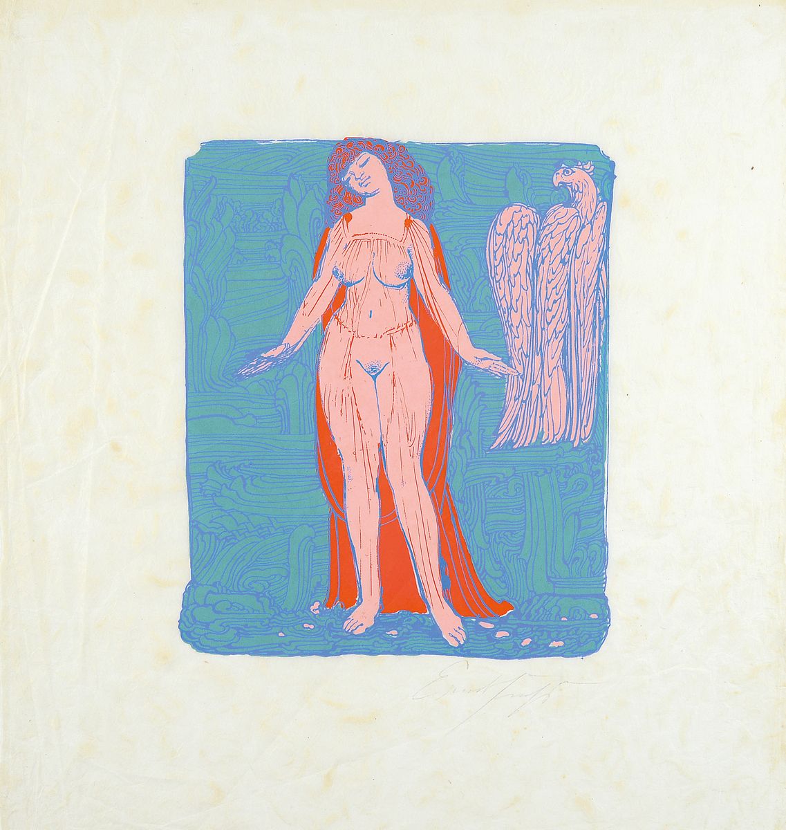 Ernst Fuchs, 1930-2015, Phantastischer Akt, Farbsiebdruck auf dünnem Japanpapier, handsigniert, ca. 28x23cm, u.Gl., R. ca. 54x52cm