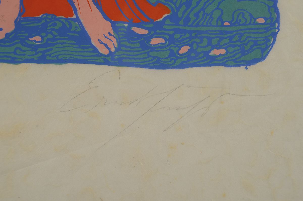 Detail c: Ernst Fuchs, 1930-2015, Phantastischer Akt, Farbsiebdruck auf dünnem Japanpapier, handsigniert, ca. 28x23cm, u.Gl., R. ca. 54x52cm