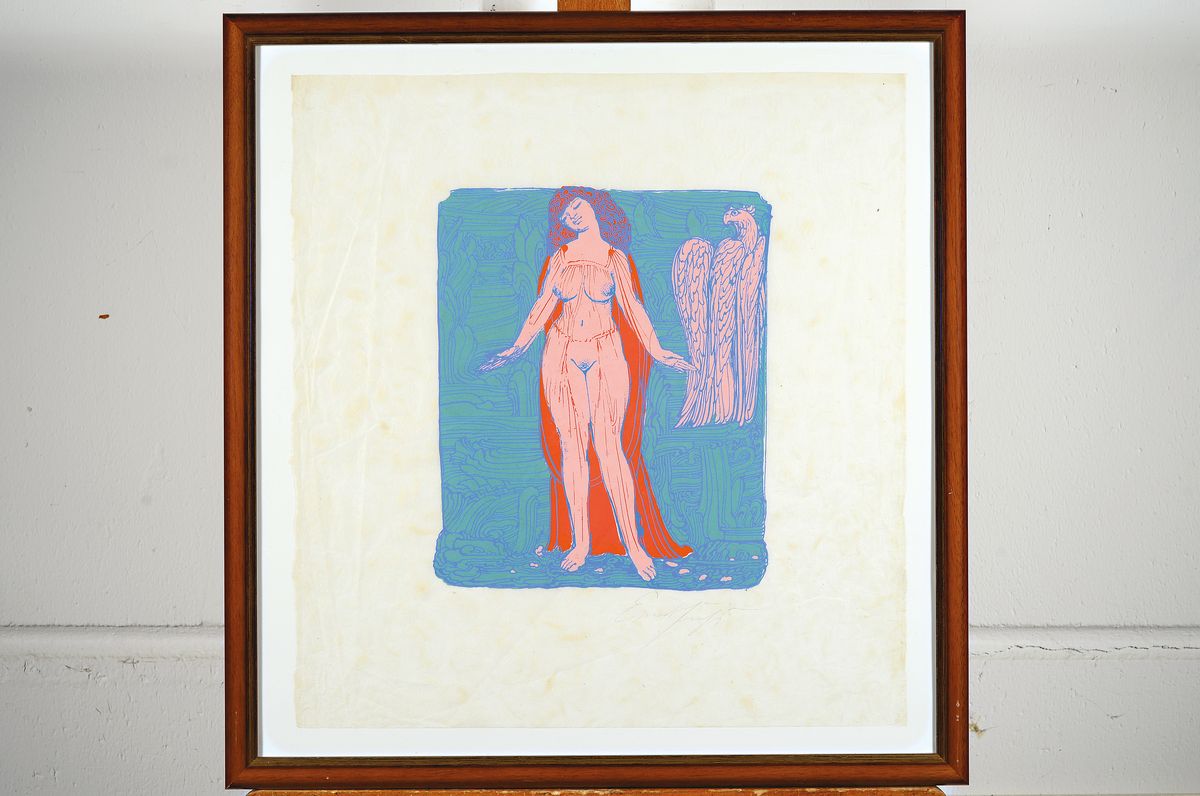 Detail k: Ernst Fuchs, 1930-2015, Phantastischer Akt, Farbsiebdruck auf dünnem Japanpapier, handsigniert, ca. 28x23cm, u.Gl., R. ca. 54x52cm