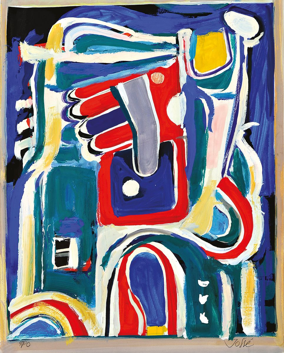 Friedrich Jossé, 1897 Wolfstein-1994 Speyer,Gouache auf Papier, dat. 85, rechts Blau-Weiß-Rote Werbung, rückseitig so betitelt, rechts unten ...