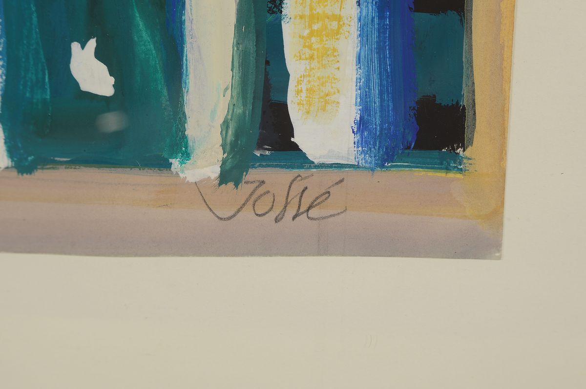 Detail c: Friedrich Jossé, 1897 Wolfstein-1994 Speyer,Gouache auf Papier, dat. 85, rechts Blau-Weiß-Rote Werbung, rückseitig so betitelt, rechts unten ...