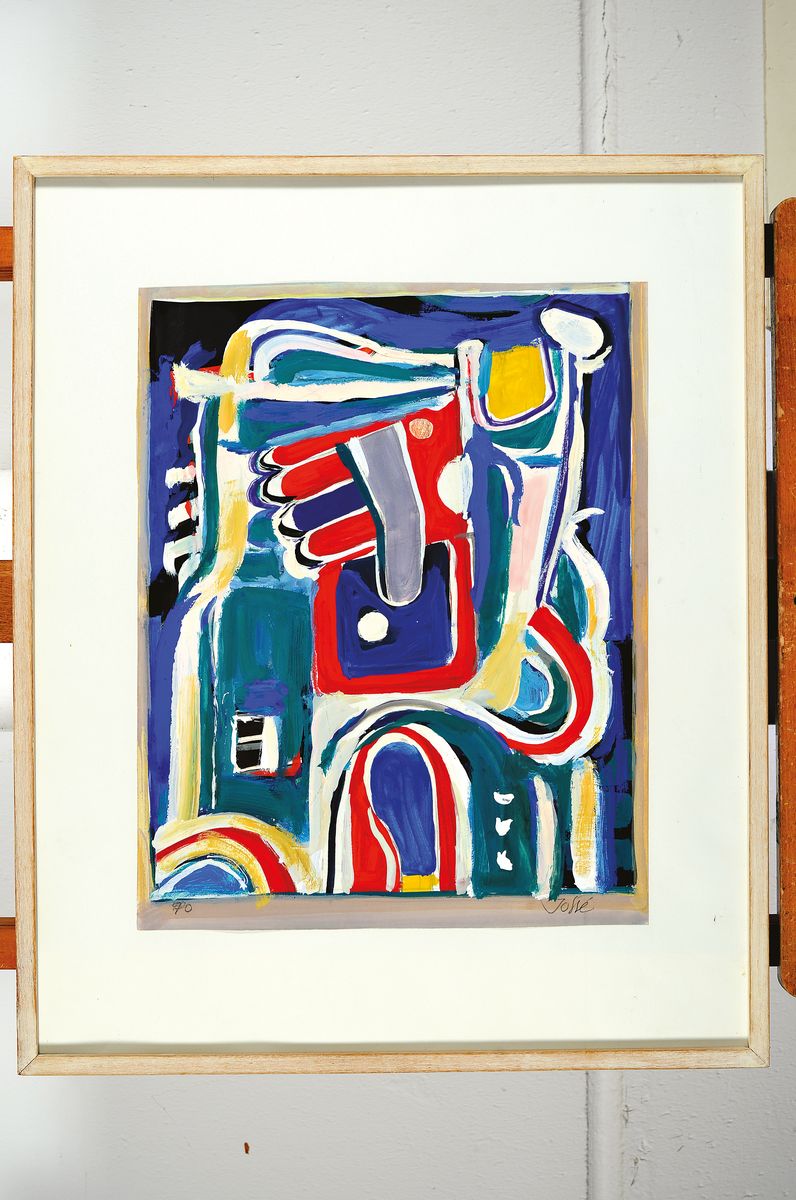 Detail k: Friedrich Jossé, 1897 Wolfstein-1994 Speyer,Gouache auf Papier, dat. 85, rechts Blau-Weiß-Rote Werbung, rückseitig so betitelt, rechts unten ...