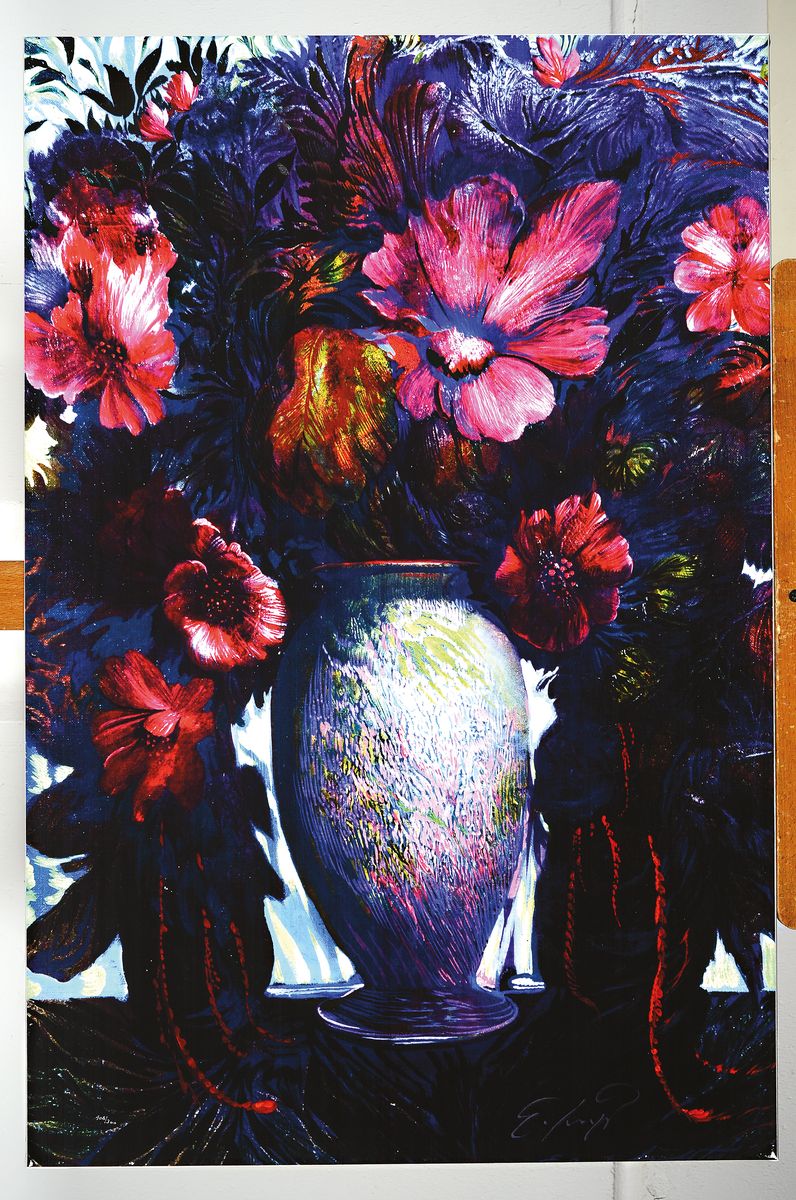 Detail k: Ernst Fuchs, 1930-2015, Blumenbouquet, Gicleedruck auf Lwd, signiert und num. 108/300, ca. 83x55cm