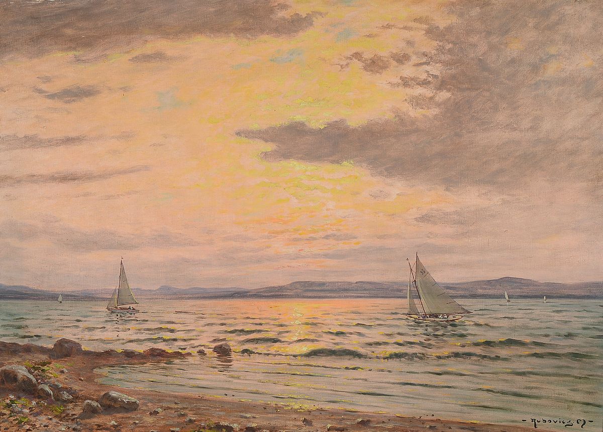 Márk Rubovics, 1867 - 1947, ungarischer Künstler, Segelschiffe auf dem Plattensee/ Balaton im Sonnenuntergang, rückseitig bez. "Hullamzo ...