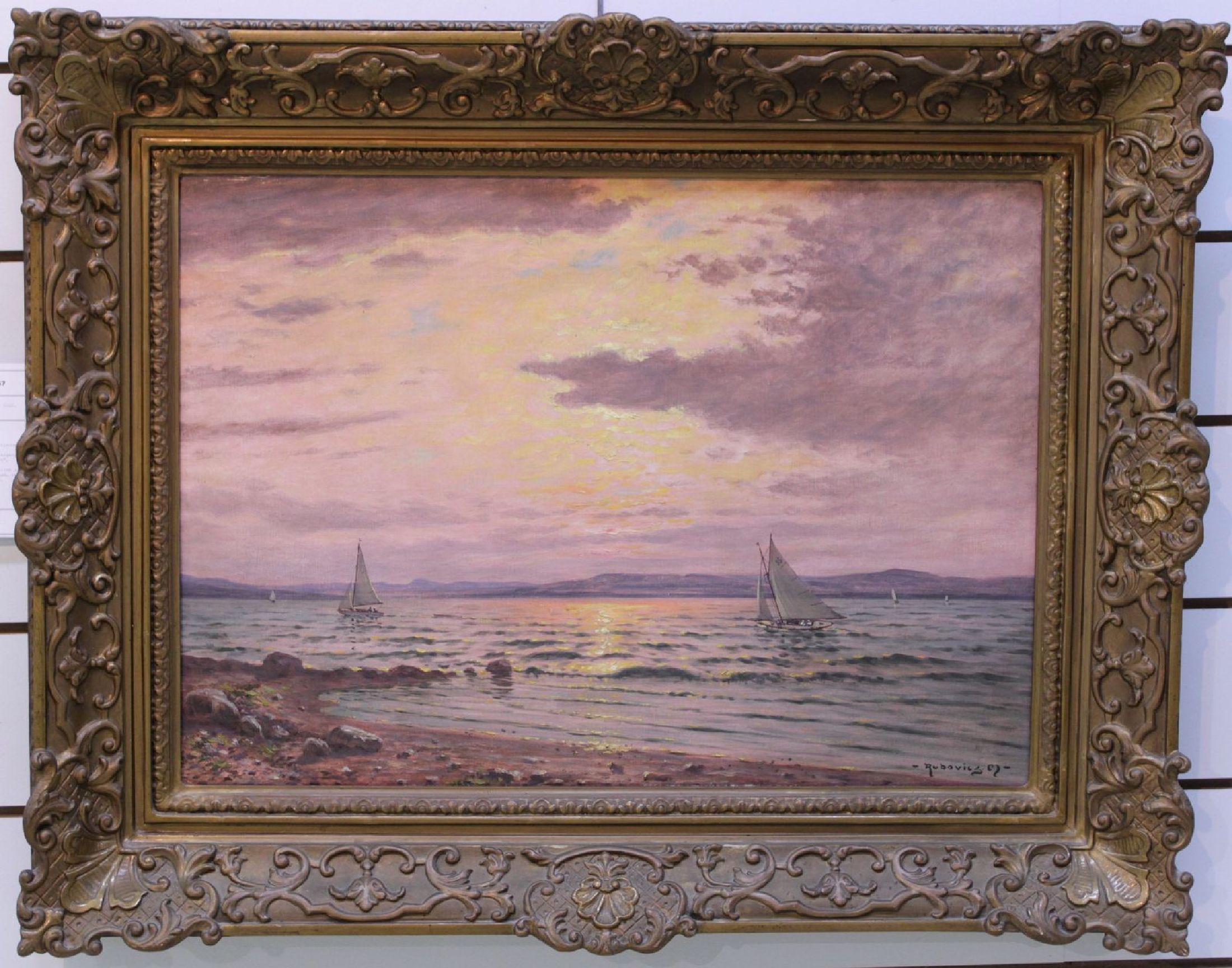 Detail a: Márk Rubovics, 1867 - 1947, ungarischer Künstler, Segelschiffe auf dem Plattensee/ Balaton im Sonnenuntergang, rückseitig bez. "Hullamzo ...