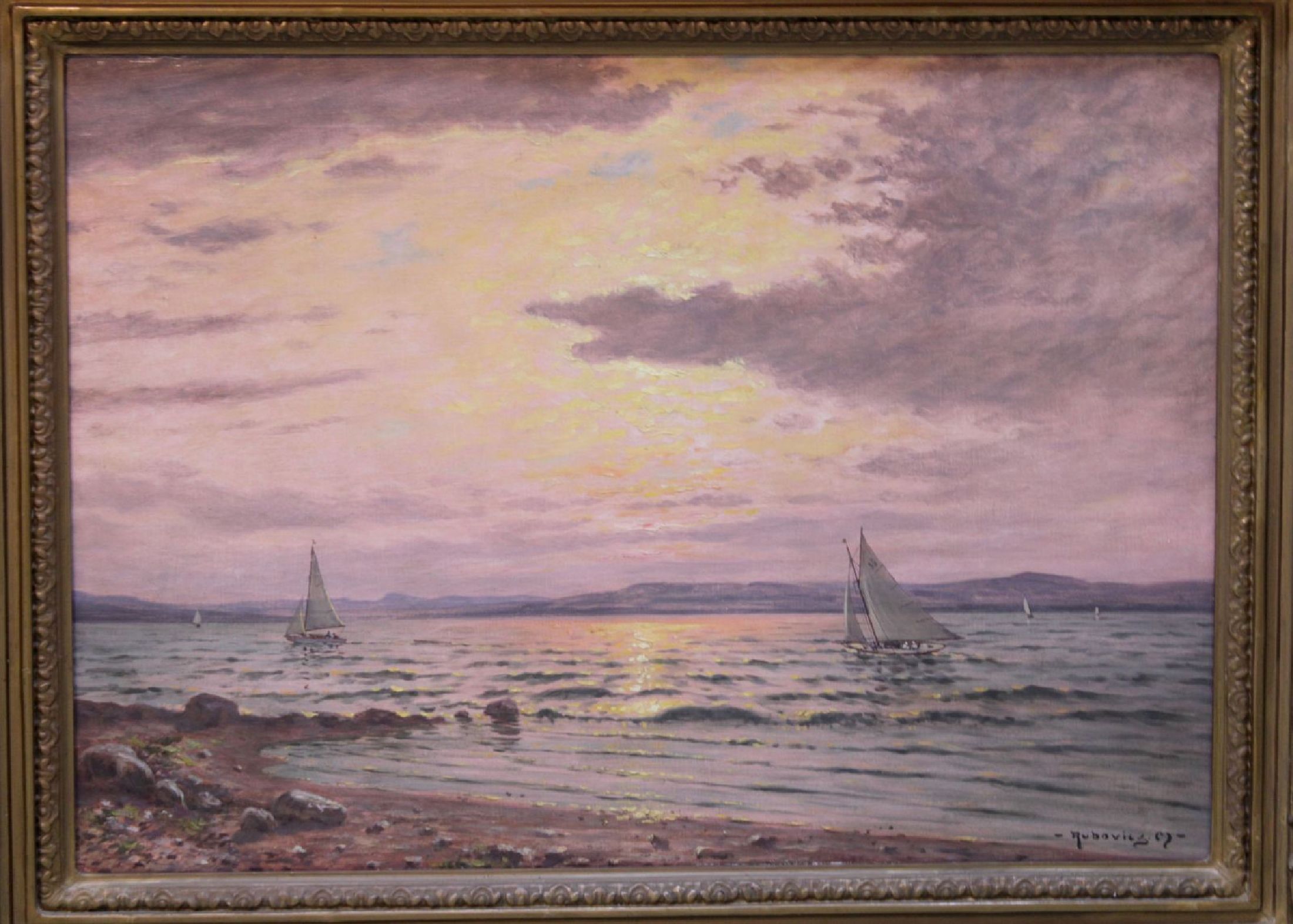 Detail b: Márk Rubovics, 1867 - 1947, ungarischer Künstler, Segelschiffe auf dem Plattensee/ Balaton im Sonnenuntergang, rückseitig bez. "Hullamzo ...