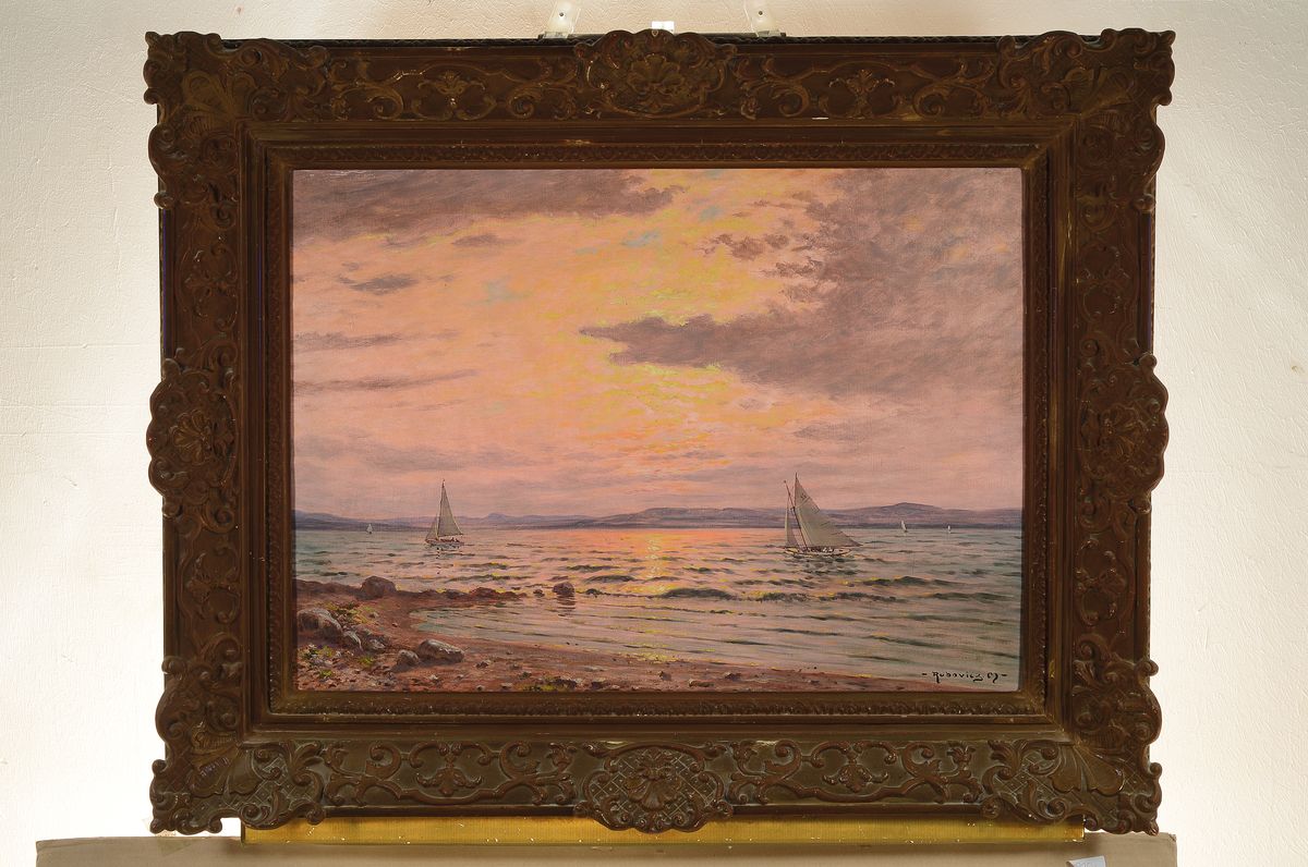 Detail k: Márk Rubovics, 1867 - 1947, ungarischer Künstler, Segelschiffe auf dem Plattensee/ Balaton im Sonnenuntergang, rückseitig bez. "Hullamzo ...