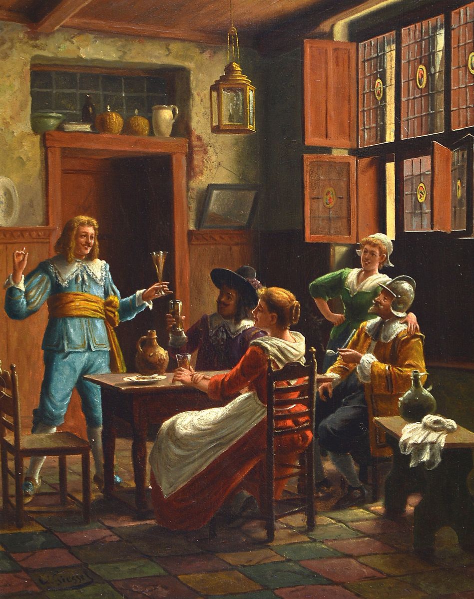 Wilhelm Friedrich Giessel, 1869 - 1938, Österreichischer Genremaler, in der Wirtsstube, feine detailreiche Malerei, li. unten signiert, 53 x 42 cm, ...