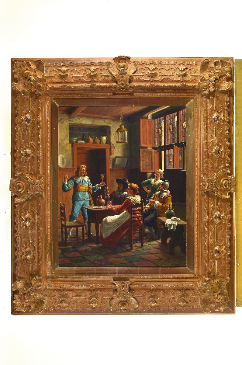 Detail k: Wilhelm Friedrich Giessel, 1869 - 1938, Österreichischer Genremaler, in der Wirtsstube, feine detailreiche Malerei, li. unten signiert, 53 x 42 cm, ...
