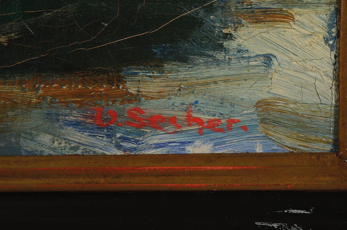 Detail a: Valdemar Secher, 1885 Skaarup - 1976 Skagen, dänischer Künstler, Ansicht einer winterlichen Stadtkulisse, wohl Dänemark, Öl/Lwd, signiert, ...