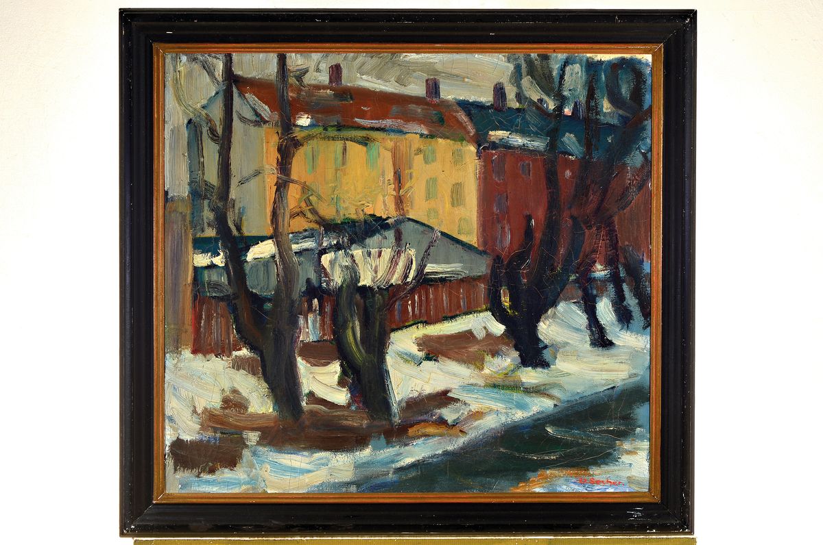 Detail k: Valdemar Secher, 1885 Skaarup - 1976 Skagen, dänischer Künstler, Ansicht einer winterlichen Stadtkulisse, wohl Dänemark, Öl/Lwd, signiert, ...