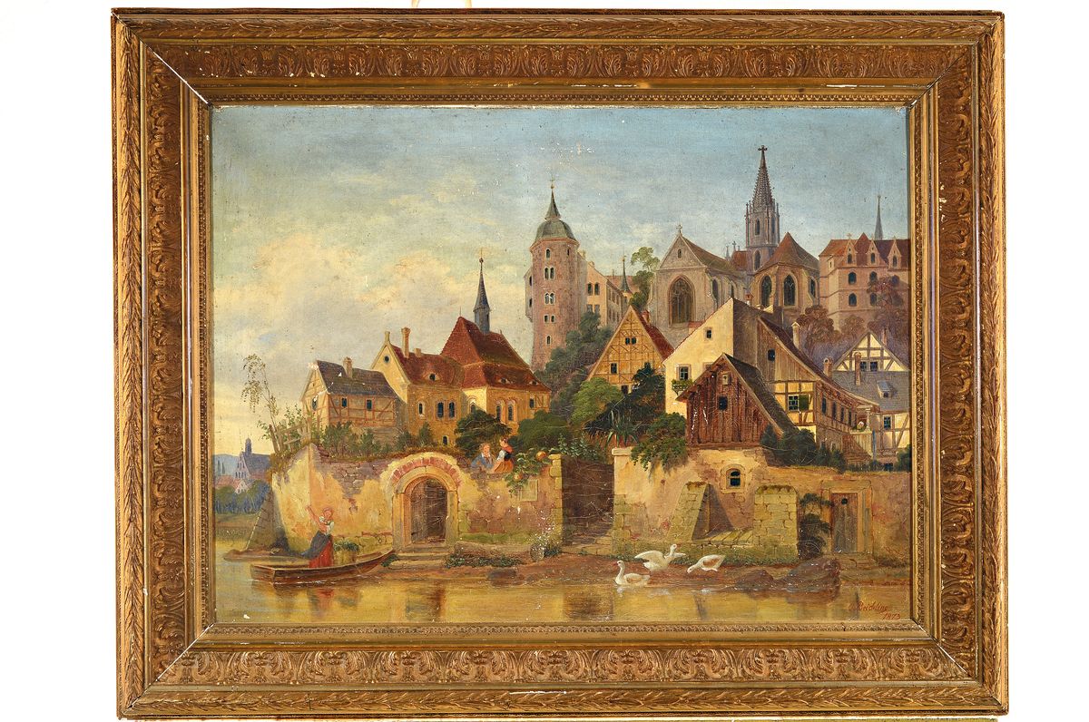 Detail k: Carl Heinrich Beichling, 1803 Dresden - 1876 Tilsit, Studium an der Akademie Dresden, Blick auf die Albrechtsburg und den Dom zu Meissen, rechts ...
