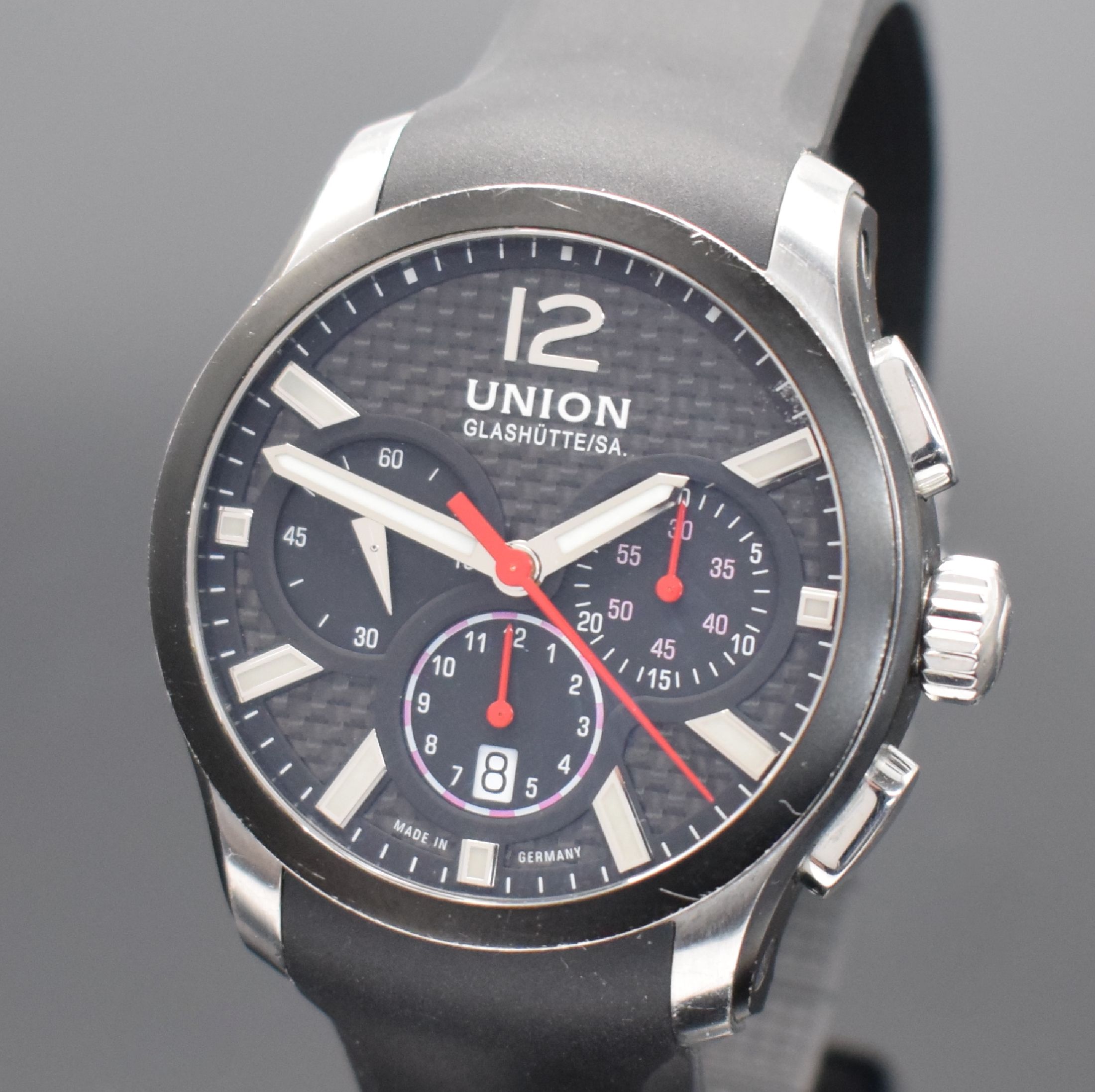 Detail a: UNION Glashütte/SA. Herrenarmbanduhr mit Chronograph Referenz D002.627A Belisar, Deutschland um 2015, Automatik, beids. vergl., teils schwarz lack. ...