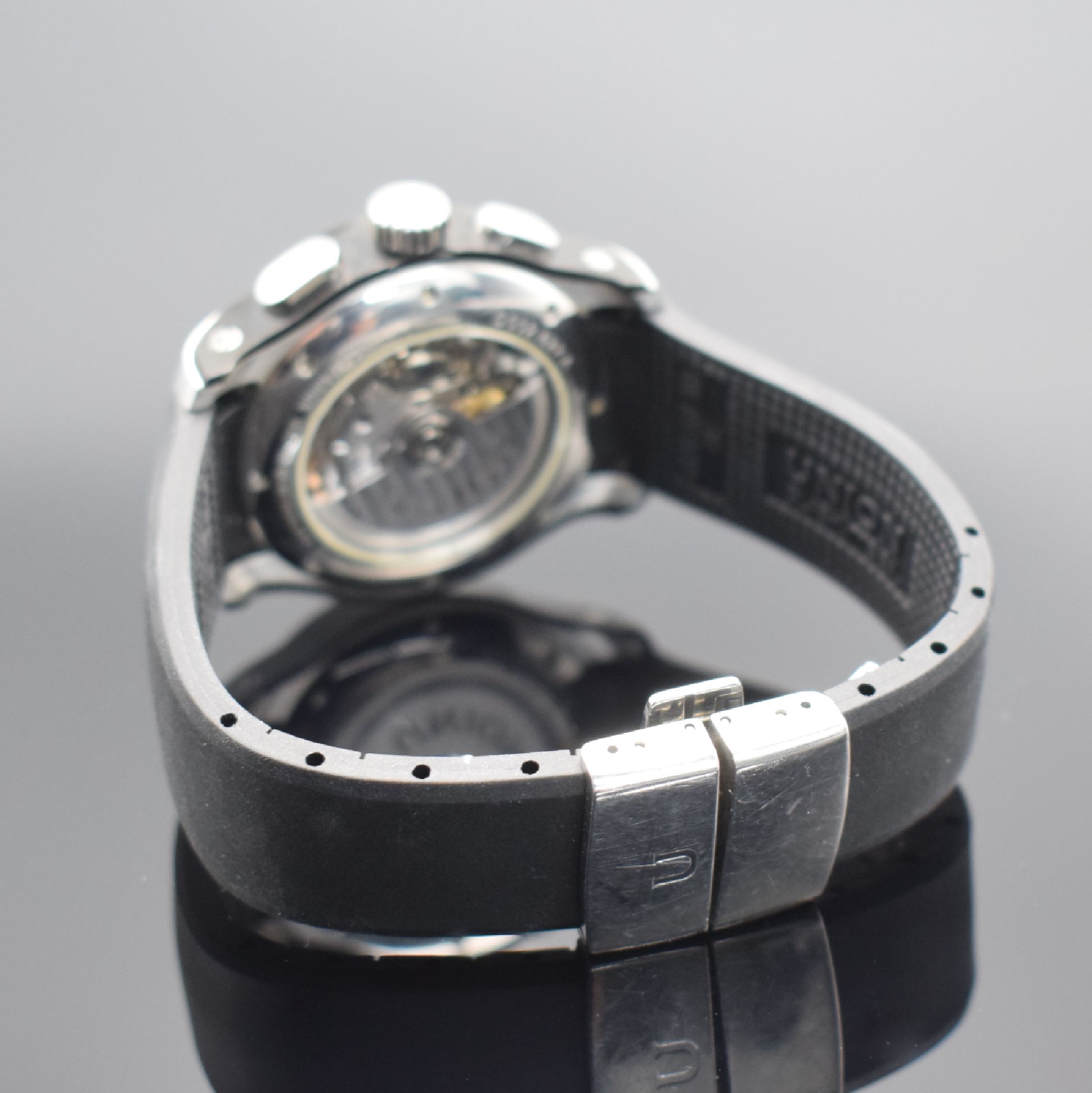 Detail b: UNION Glashütte/SA. Herrenarmbanduhr mit Chronograph Referenz D002.627A Belisar, Deutschland um 2015, Automatik, beids. vergl., teils schwarz lack. ...