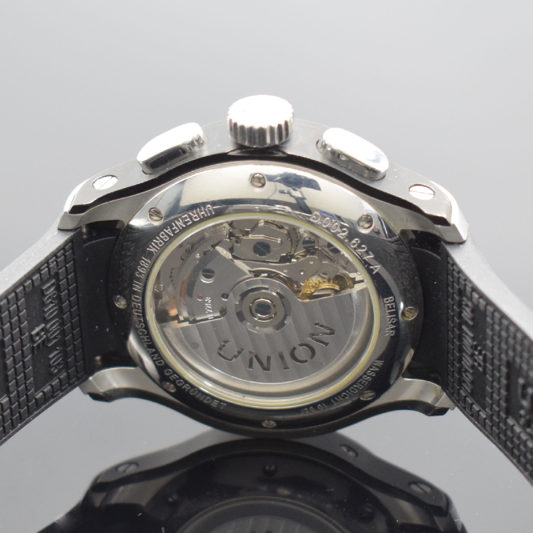 Detail d: UNION Glashütte/SA. Herrenarmbanduhr mit Chronograph Referenz D002.627A Belisar, Deutschland um 2015, Automatik, beids. vergl., teils schwarz lack. ...