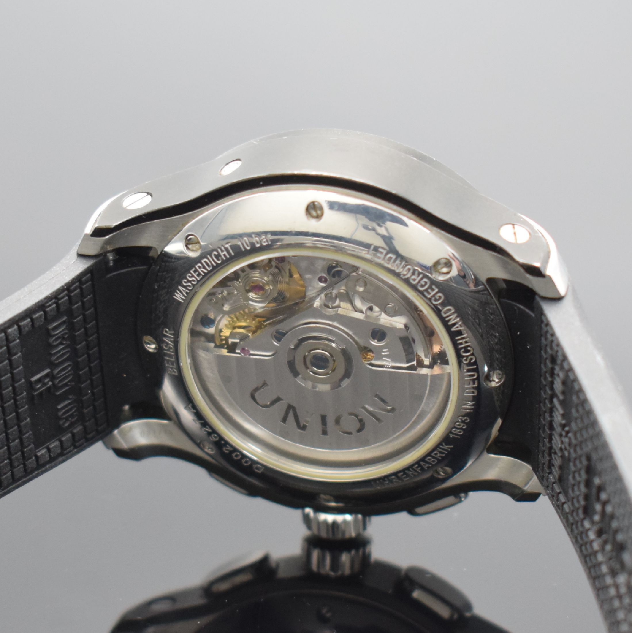 Detail e: UNION Glashütte/SA. Herrenarmbanduhr mit Chronograph Referenz D002.627A Belisar, Deutschland um 2015, Automatik, beids. vergl., teils schwarz lack. ...
