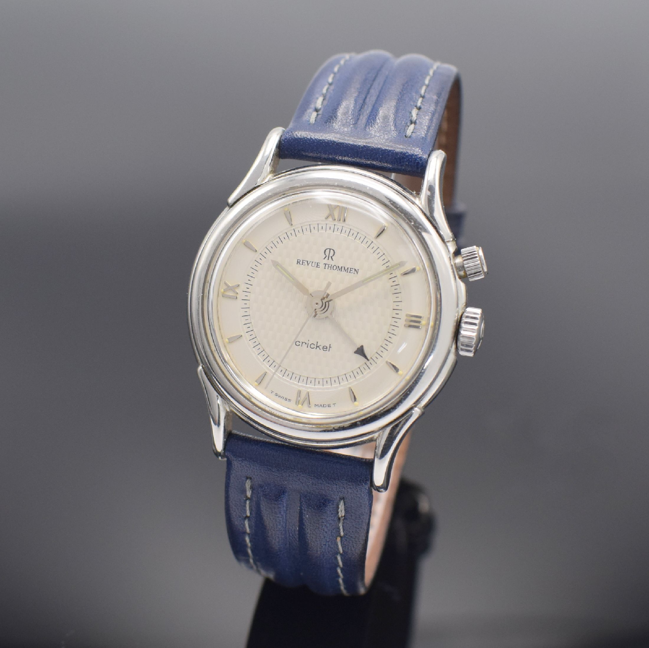 REVUE THOMMEN Cricket Herrenarmbanduhr mit Wecker, Schweiz um 1990, Handaufzug, Ref. 8010002, Edelstahlgeh. inkl. orig. Lederband m. Dornschl., Boden ...