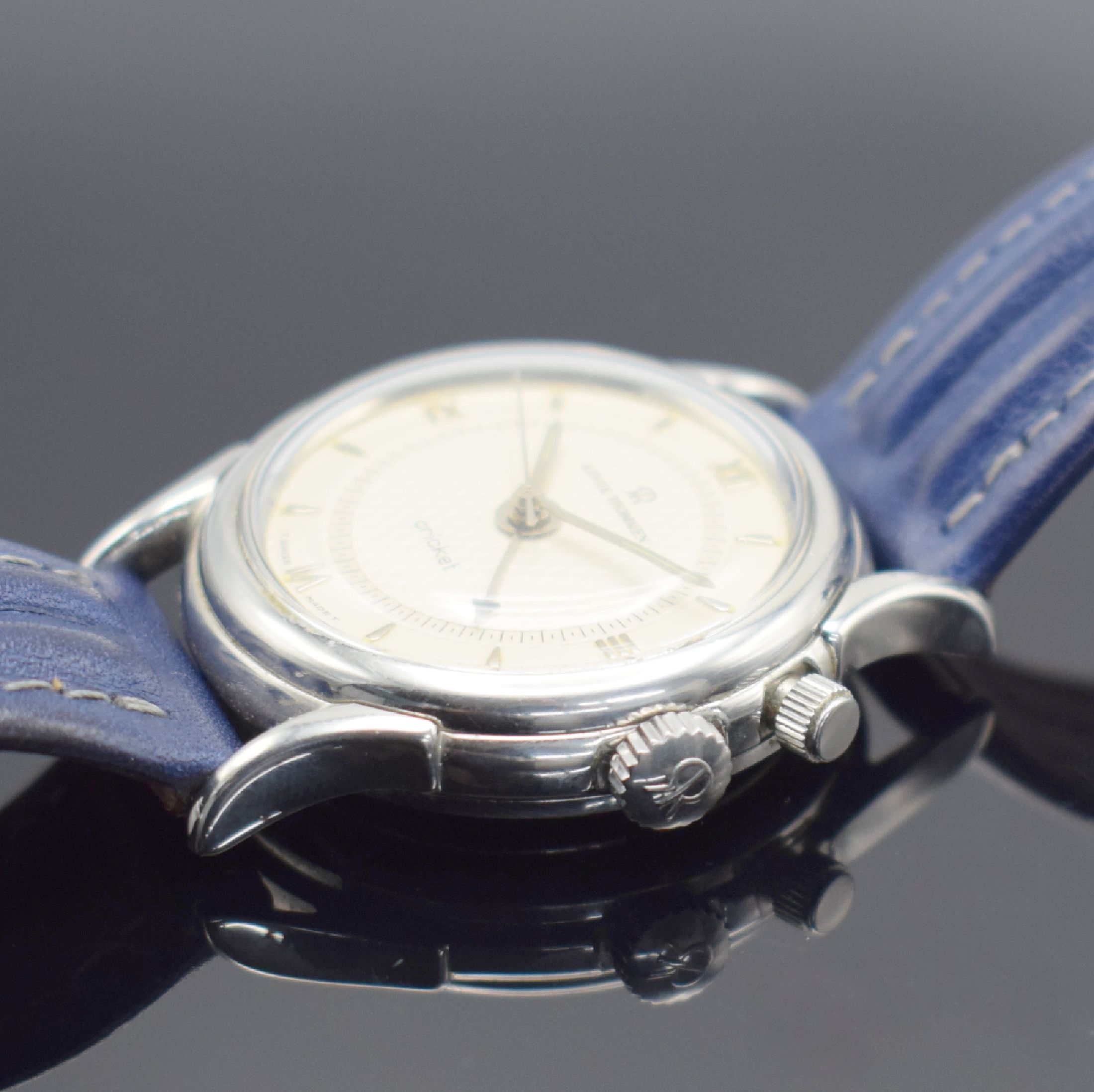 Detail c: REVUE THOMMEN Cricket Herrenarmbanduhr mit Wecker, Schweiz um 1990, Handaufzug, Ref. 8010002, Edelstahlgeh. inkl. orig. Lederband m. Dornschl., Boden ...