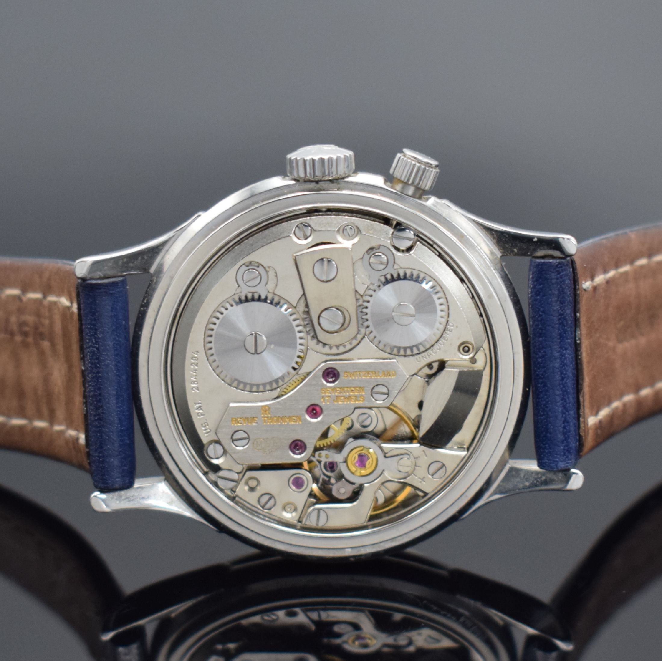 Detail e: REVUE THOMMEN Cricket Herrenarmbanduhr mit Wecker, Schweiz um 1990, Handaufzug, Ref. 8010002, Edelstahlgeh. inkl. orig. Lederband m. Dornschl., Boden ...