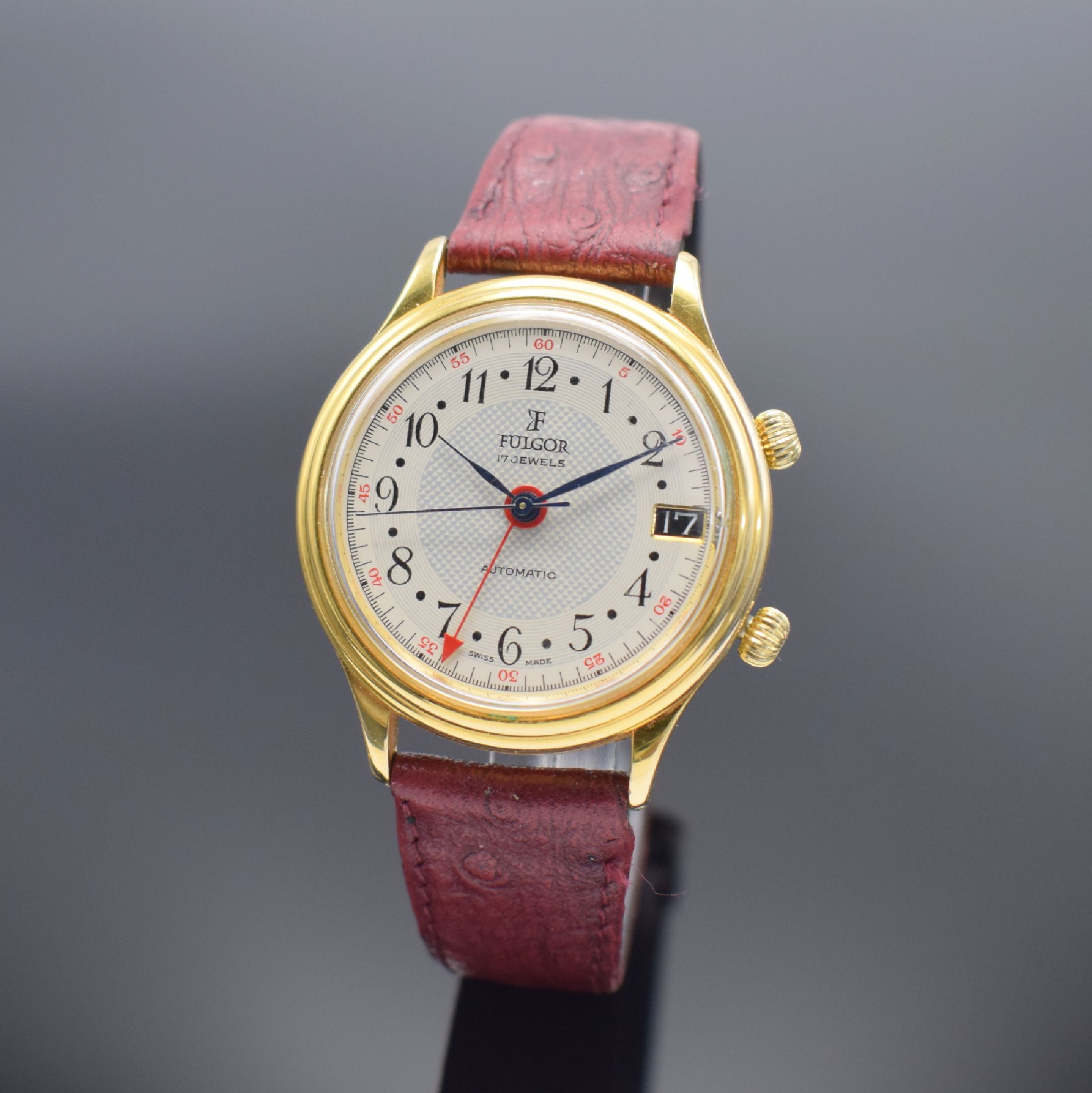 FULGOR Armbandwecker mit Kaliber AS 5008, Schweiz um 1985, Automatik, verg. Gehäuse, Stahlboden aufgedr., silb. Zifferbl. m. arab. Zahlen, Datum, ...